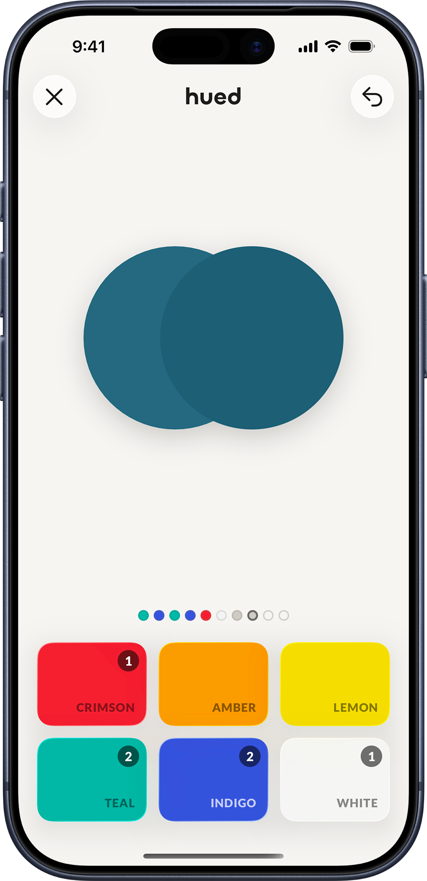 The hued game screen. Two large circles compare the target color and your mix. Paint buttons with drop counts sit below.