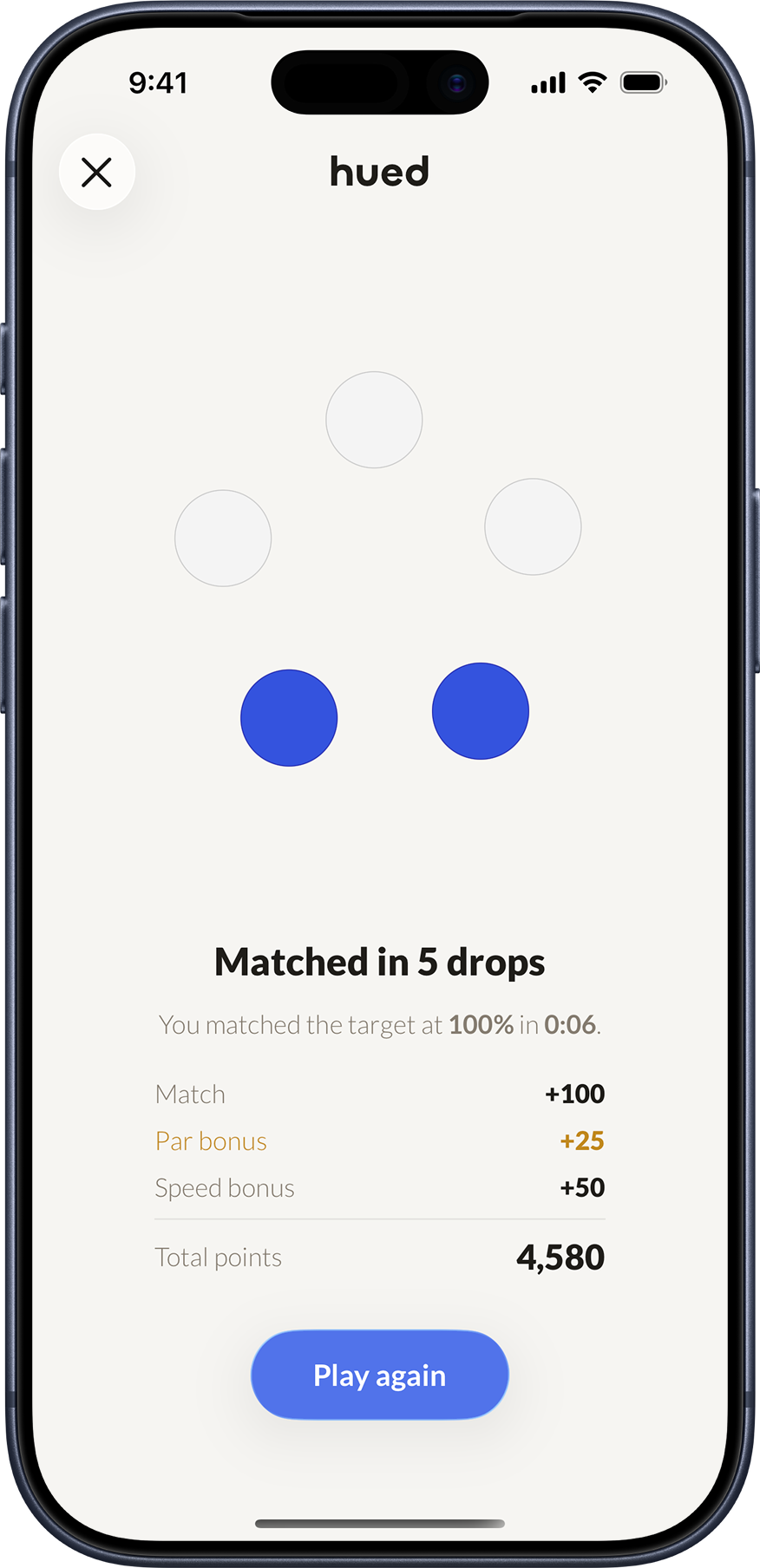 A finished hued round: matched in 5 drops for 4,580 total points.